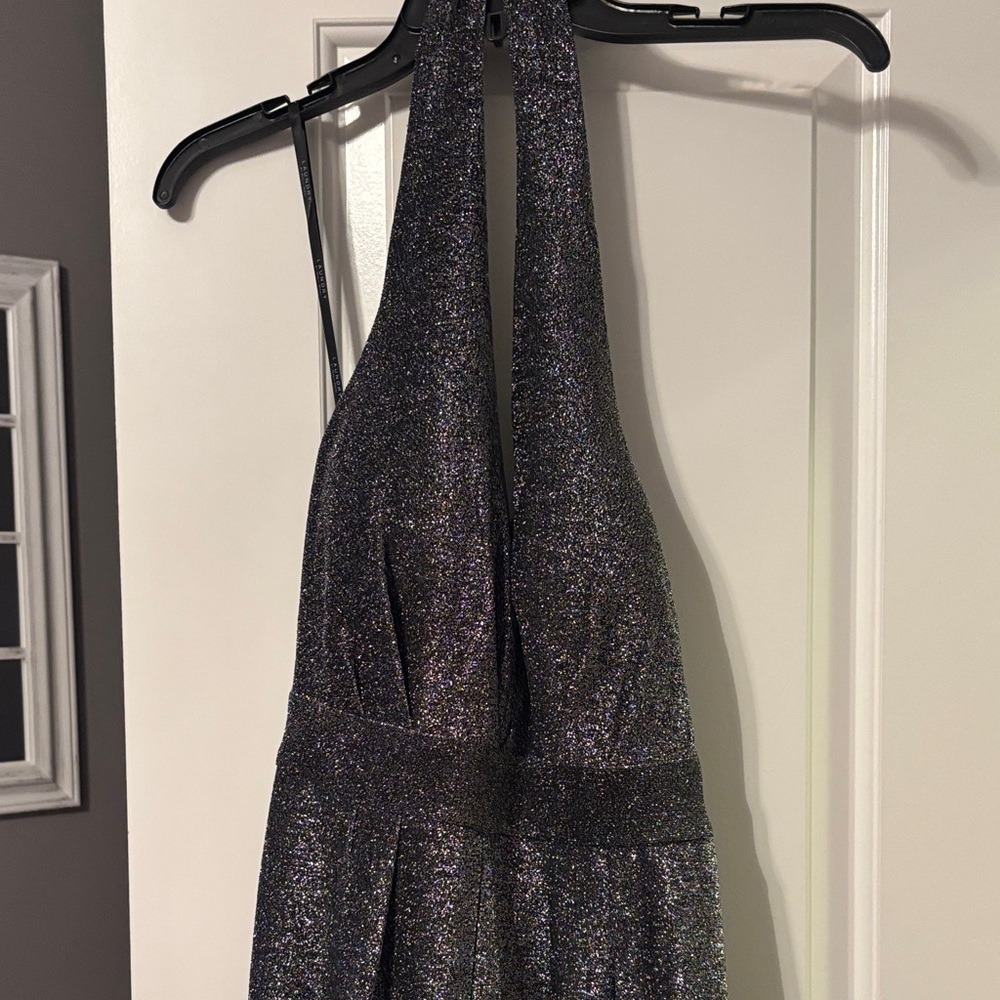 Laundry By Shelli Segal Sparkle Halter Straight-Leg Jumpsuit in Metallic Black